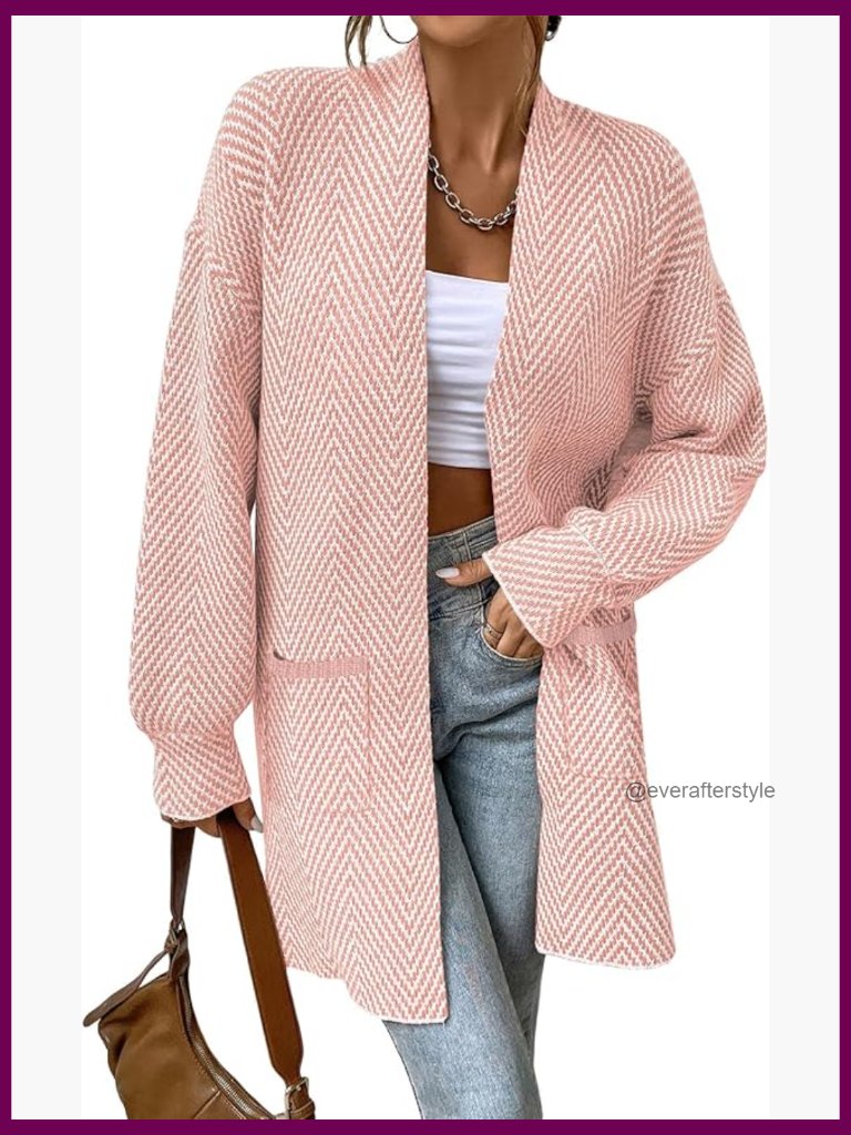 Long Sleeve Open Front Striped Cardigan Sweater Chevron Chunky Knit Coat